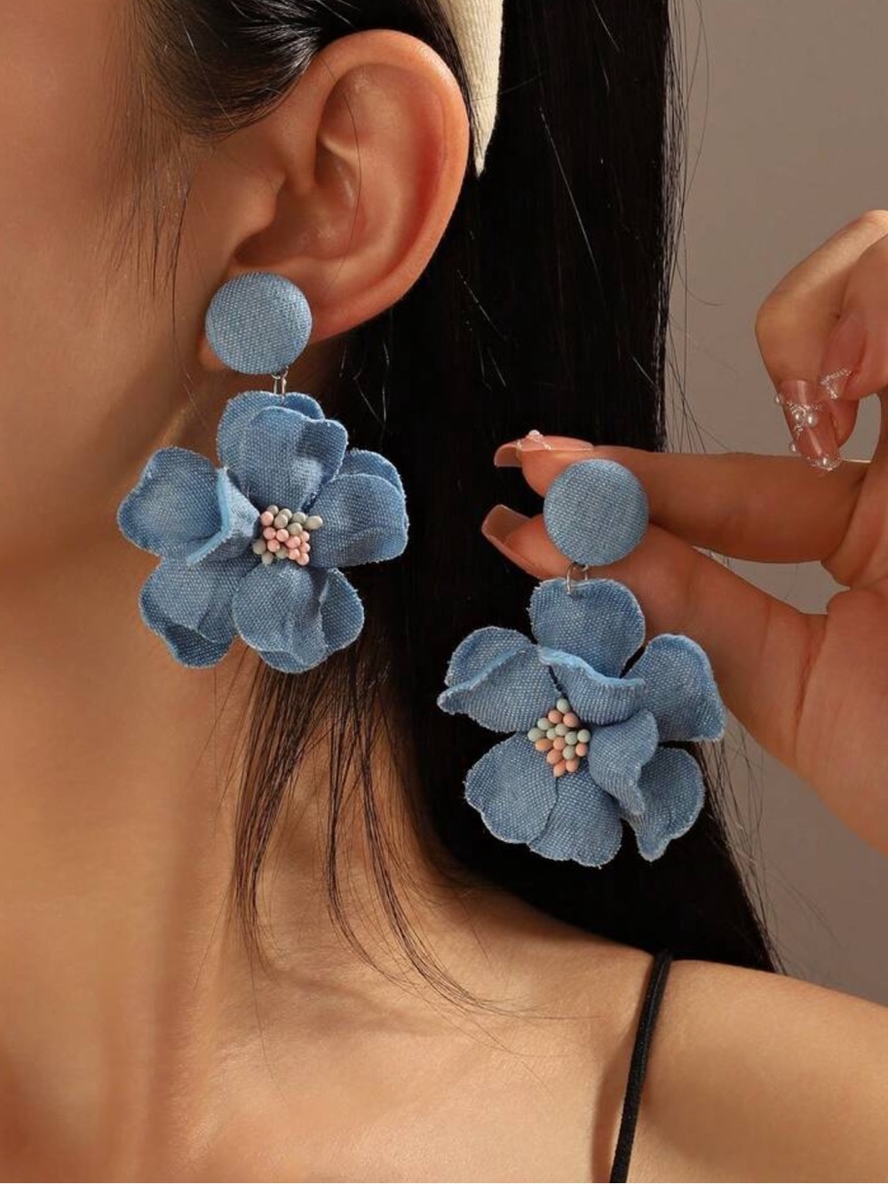 Blue Denim Floral Drop Earrings - Picture 3 of 3